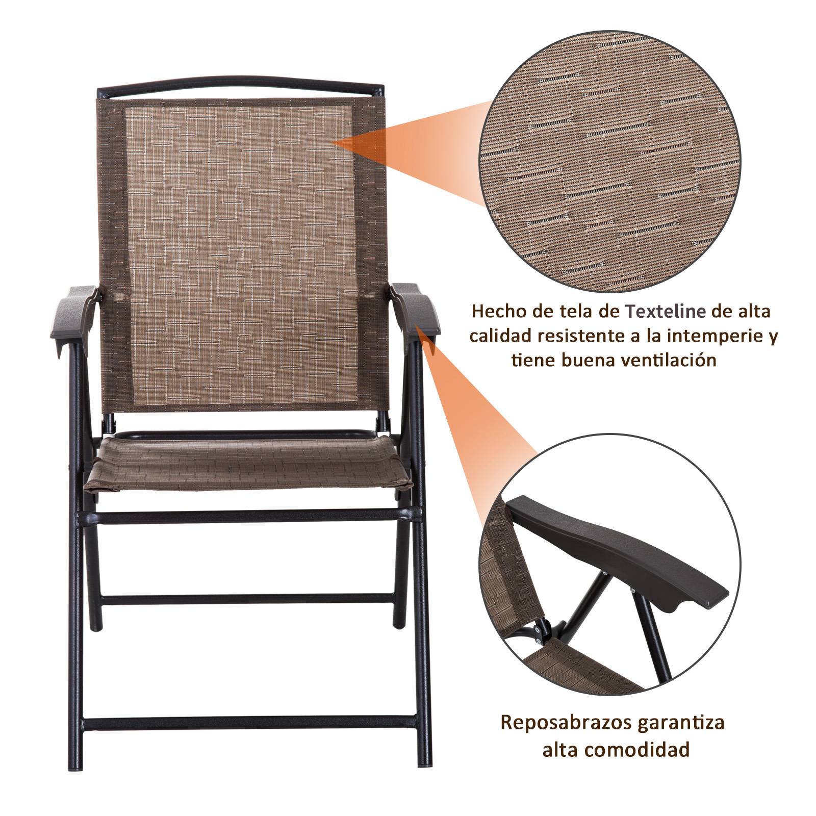 Ensemble table et 2 chaises de jardin extérieur patio terrasse, chaise pliante dossier inclinable 4 niveaux, textilène acier marron - Image 6
