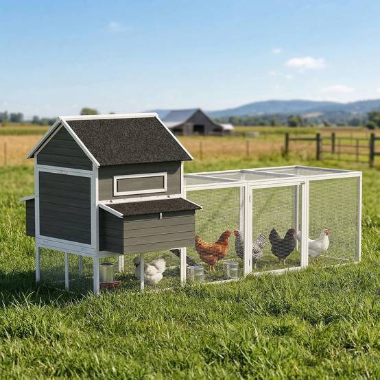 Poulailler en bois avec enclos extérieur, pondoir, toit amovible en asphalte, plateau pour 4 à 6 poules, 347 x 160 x 150 cm, gris foncé - Image 4
