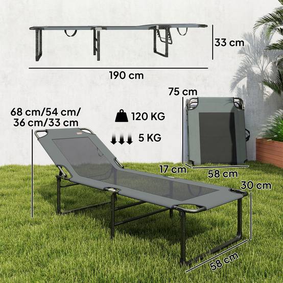 Chaise longue d'extérieur inclinable 4 positions, chaise pliante avec poignée, grise. - Image 5