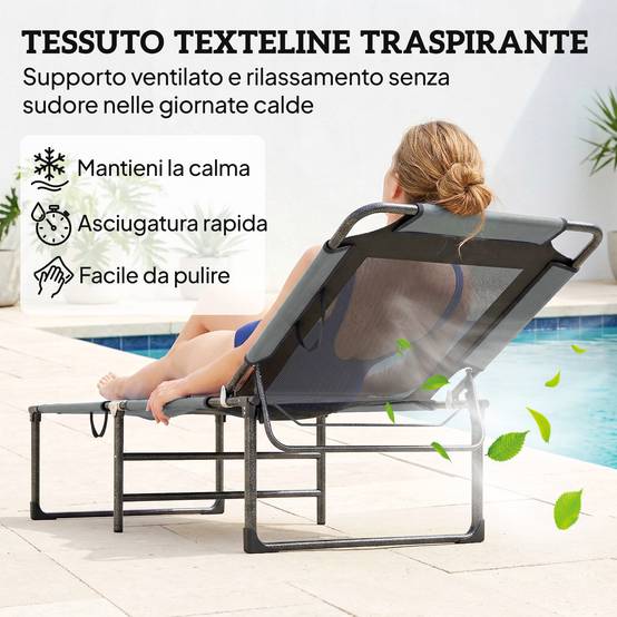Chaise longue d'extérieur inclinable 4 positions, chaise pliante avec poignée, grise. - Image 8