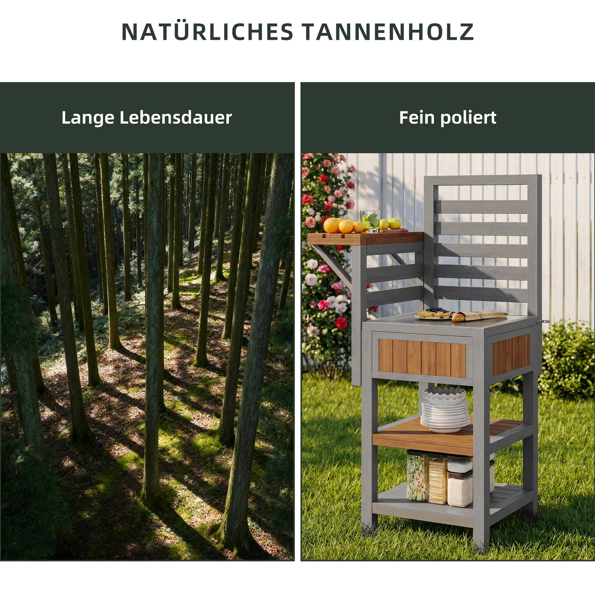 Desserte jardin bois massif station barbecue avec plan travail inox 74x54x149cm naturel - ComfortXL Outdoor Living - Image 6