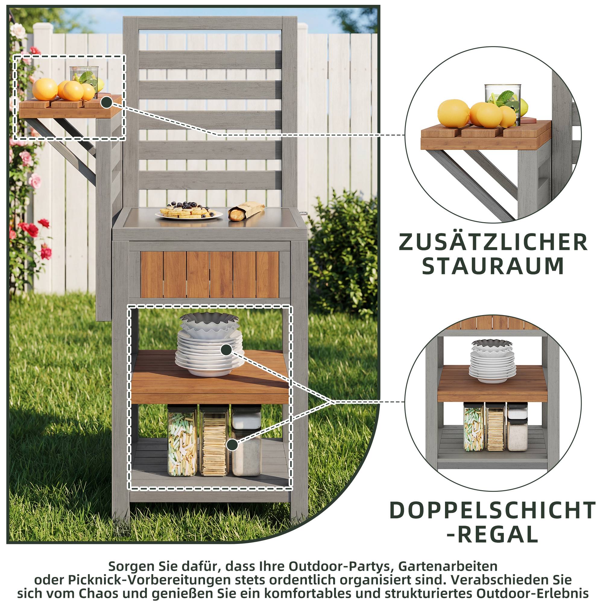 Desserte jardin bois massif station barbecue avec plan travail inox 74x54x149cm naturel - ComfortXL Outdoor Living - Image 4