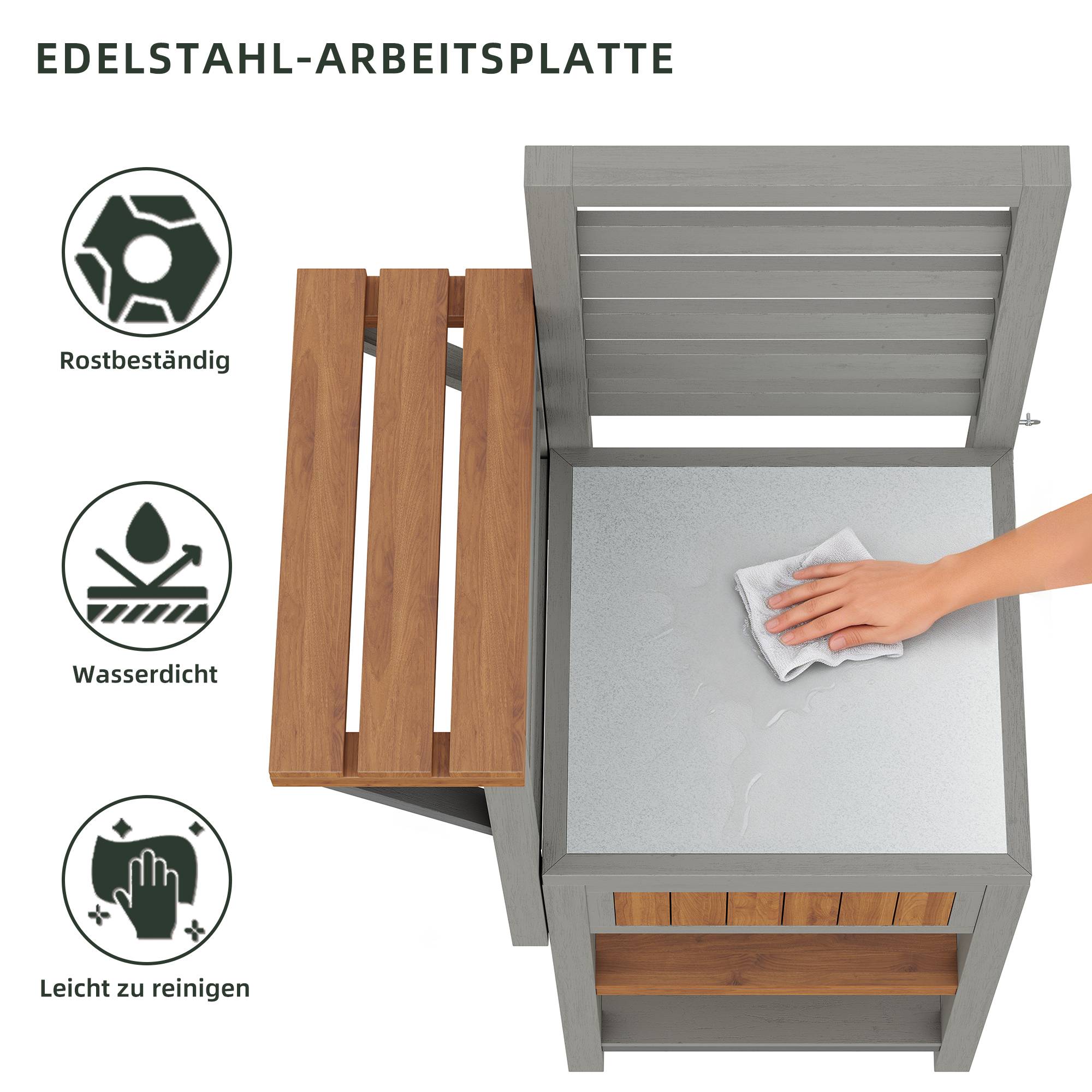 Desserte jardin bois massif station barbecue avec plan travail inox 74x54x149cm naturel - ComfortXL Outdoor Living - Image 5