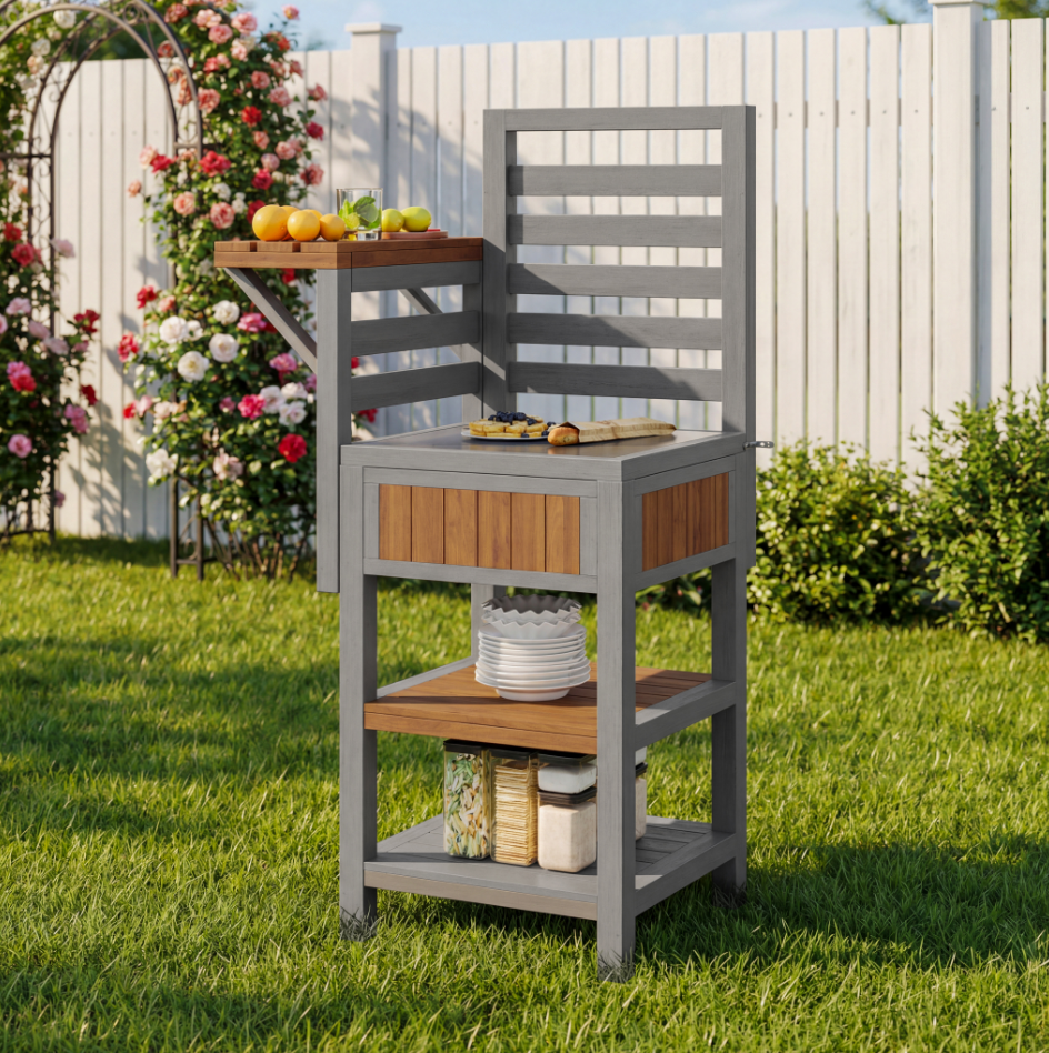 Desserte jardin bois massif station barbecue avec plan travail inox 74x54x149cm naturel - ComfortXL Outdoor Living - Image 1