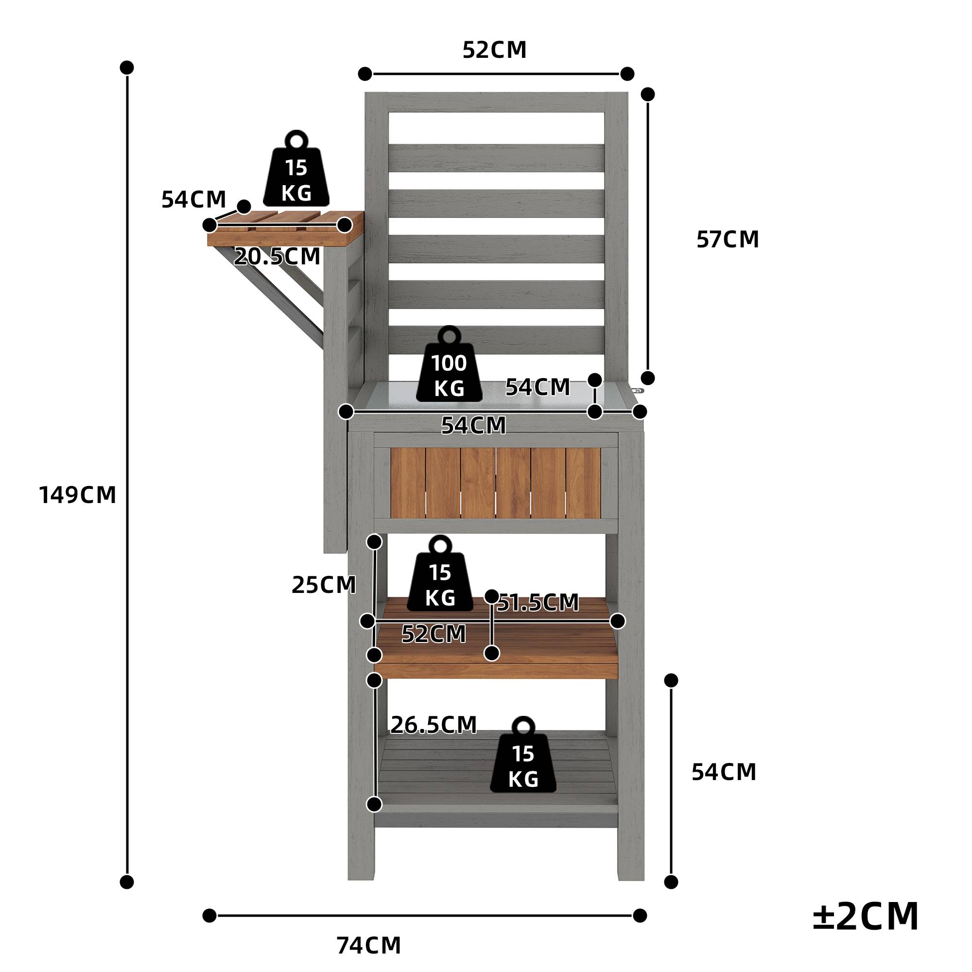 Desserte jardin bois massif station barbecue avec plan travail inox 74x54x149cm naturel - ComfortXL Outdoor Living - Image 3