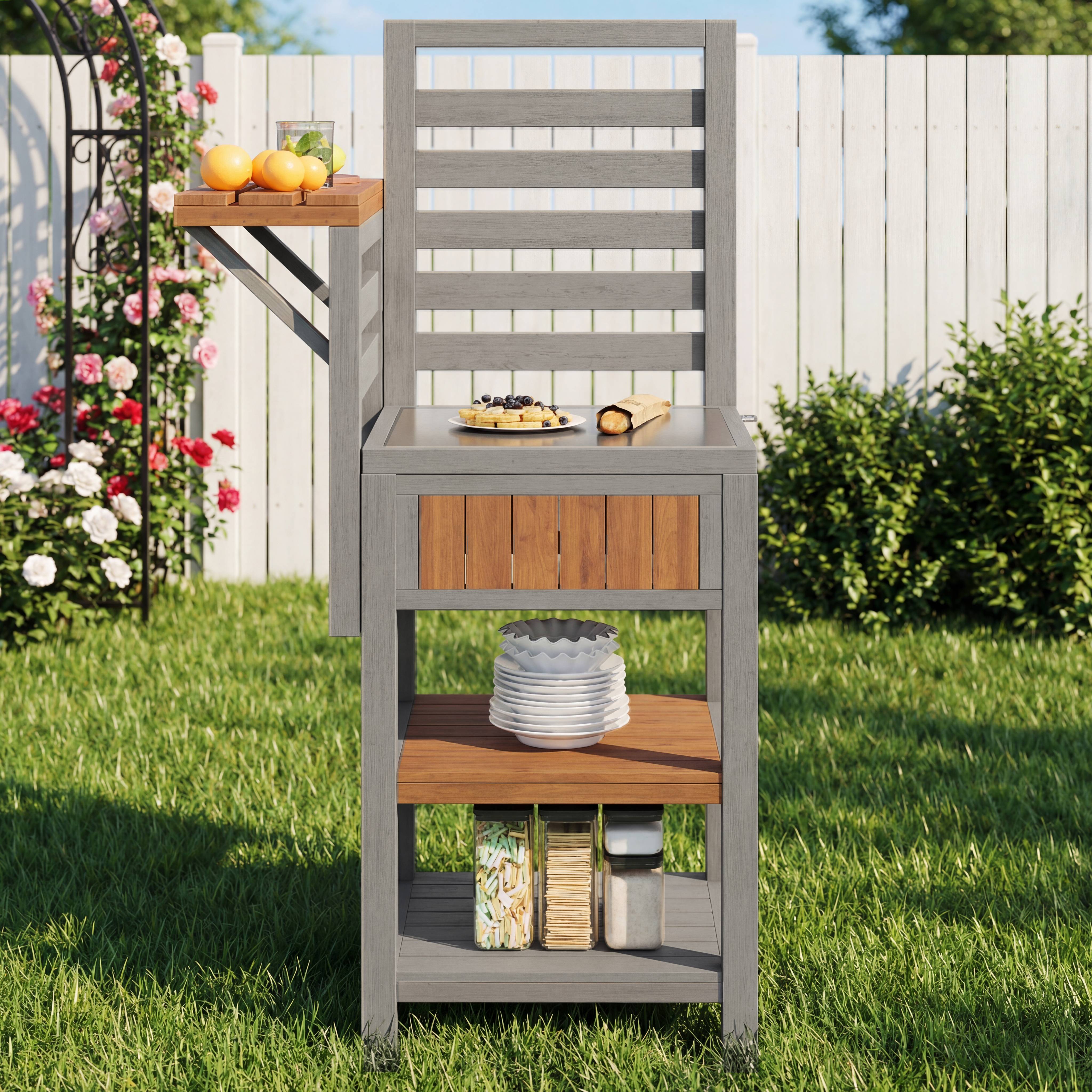Desserte jardin bois massif station barbecue avec plan travail inox 74x54x149cm naturel - ComfortXL Outdoor Living - Image 8