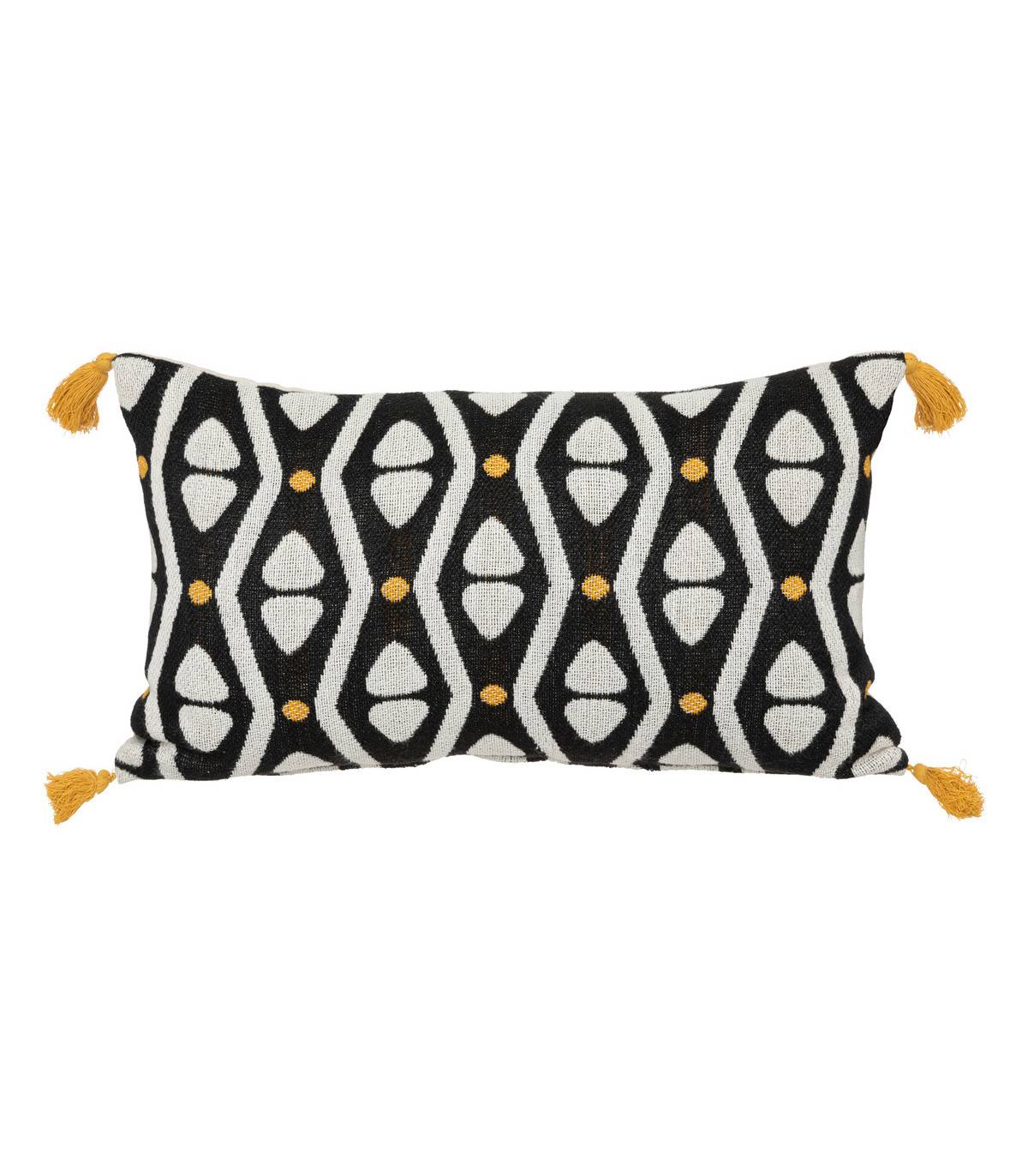 Atmosphera - Coussin décoratif Noir & Ocre motifs colorés avec pompons 30 x 50 cm - Image 1