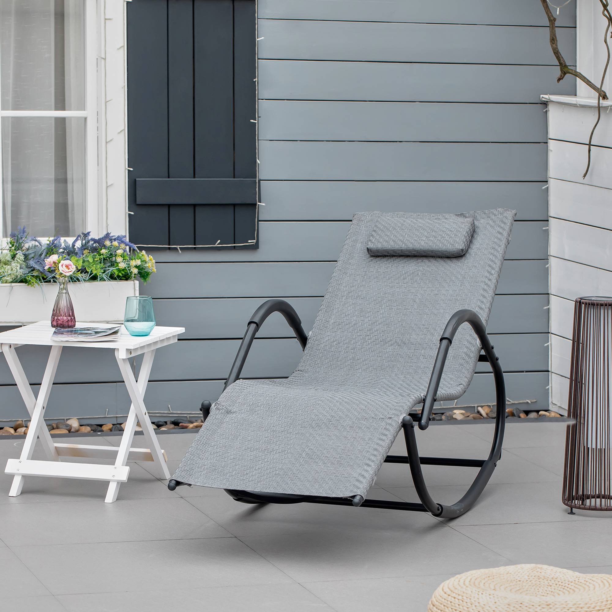 Outsunny - Chaise longue à bascule rocking chair design contemporain dim. 160L x 61l x 79H cm métal textilène gris - Outsunny - Image 2
