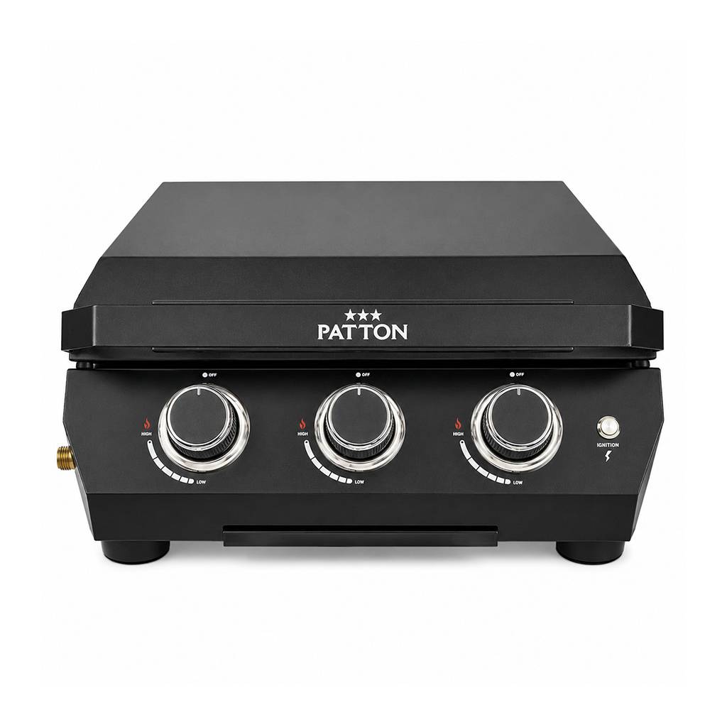 Plancha à gaz à poser Patton Vigor D300 avec 3 brûleurs, couvercle et plaque de cuisson en acier inoxydable - Noir - Image 1