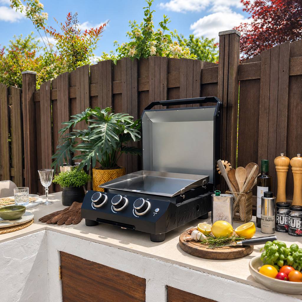 Plancha à gaz à poser Patton Vigor D300 avec 3 brûleurs, couvercle et plaque de cuisson en acier inoxydable - Noir - Image 3