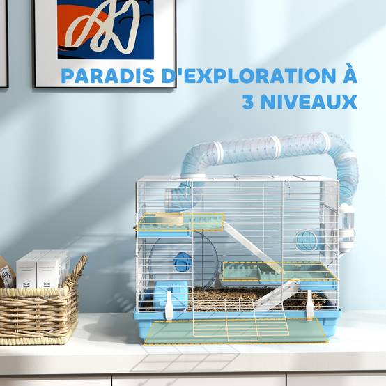 Cage hamster acier pour rongeurs nains portable 3 niveaux 47x31x29cm bleu - ComfortXL Outdoor Living - Image 7