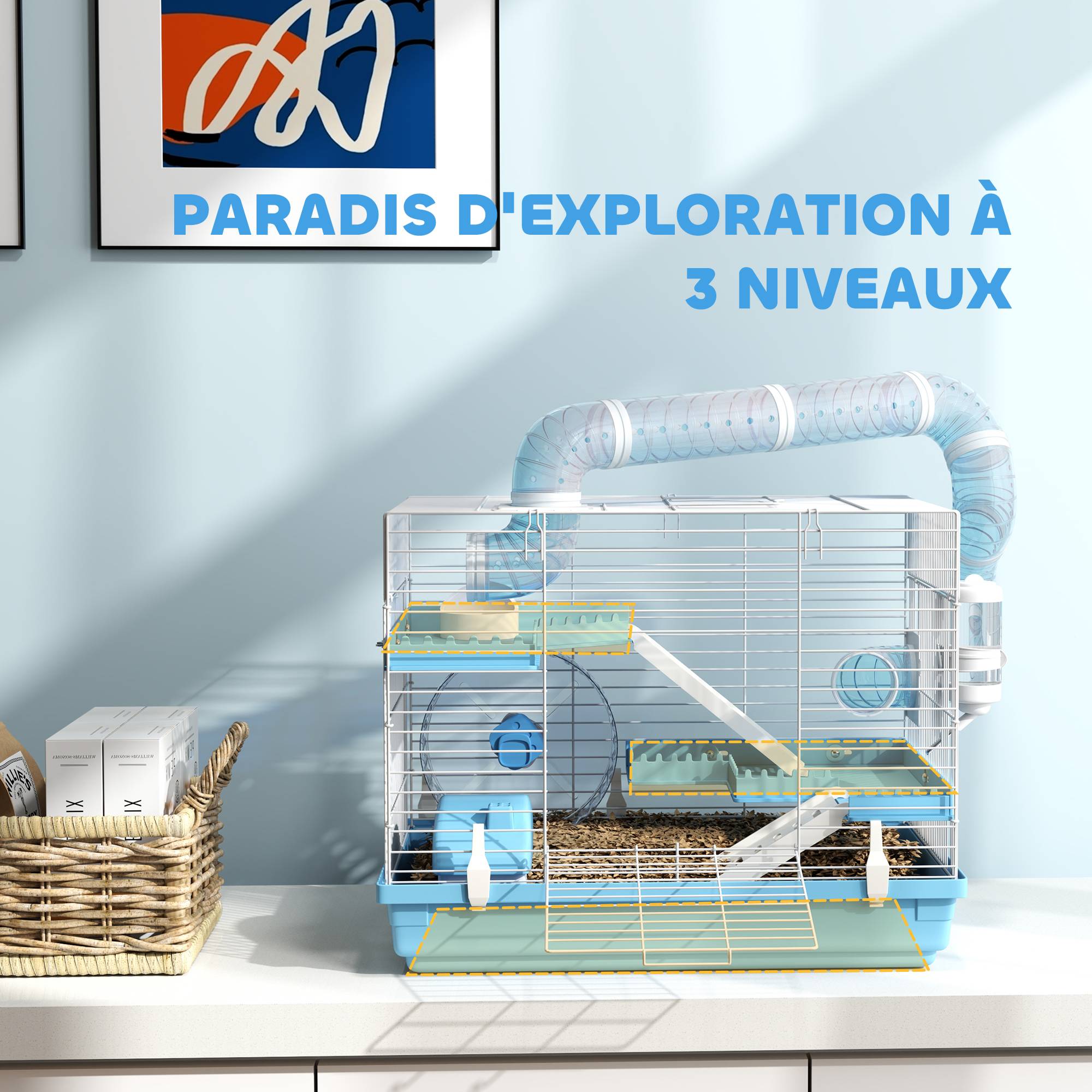 Cage hamster acier pour rongeurs nains portable 3 niveaux 47x31x29cm bleu - ComfortXL Outdoor Living - Image 7
