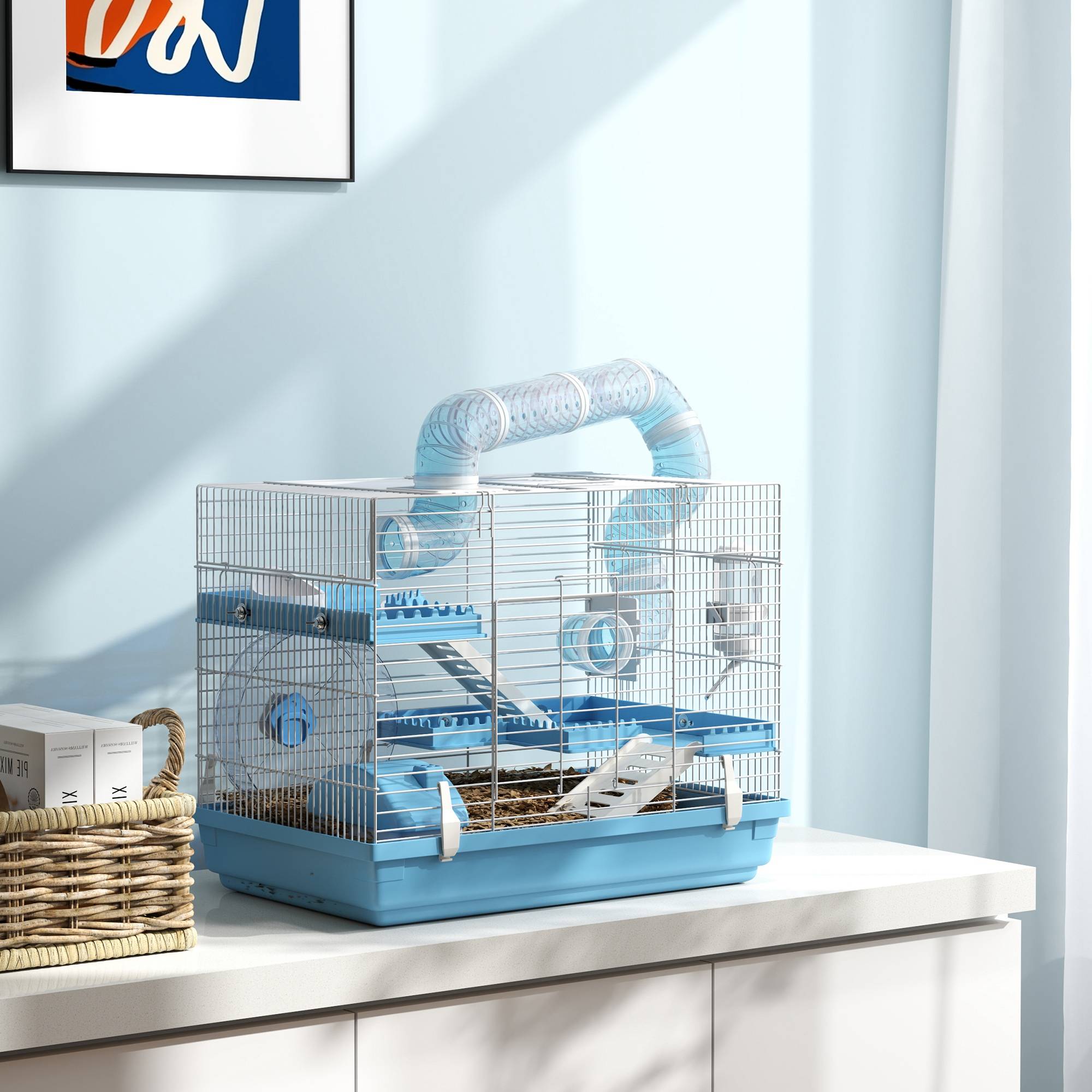 Cage hamster acier pour rongeurs nains portable 3 niveaux 47x31x29cm bleu - ComfortXL Outdoor Living - Image 4
