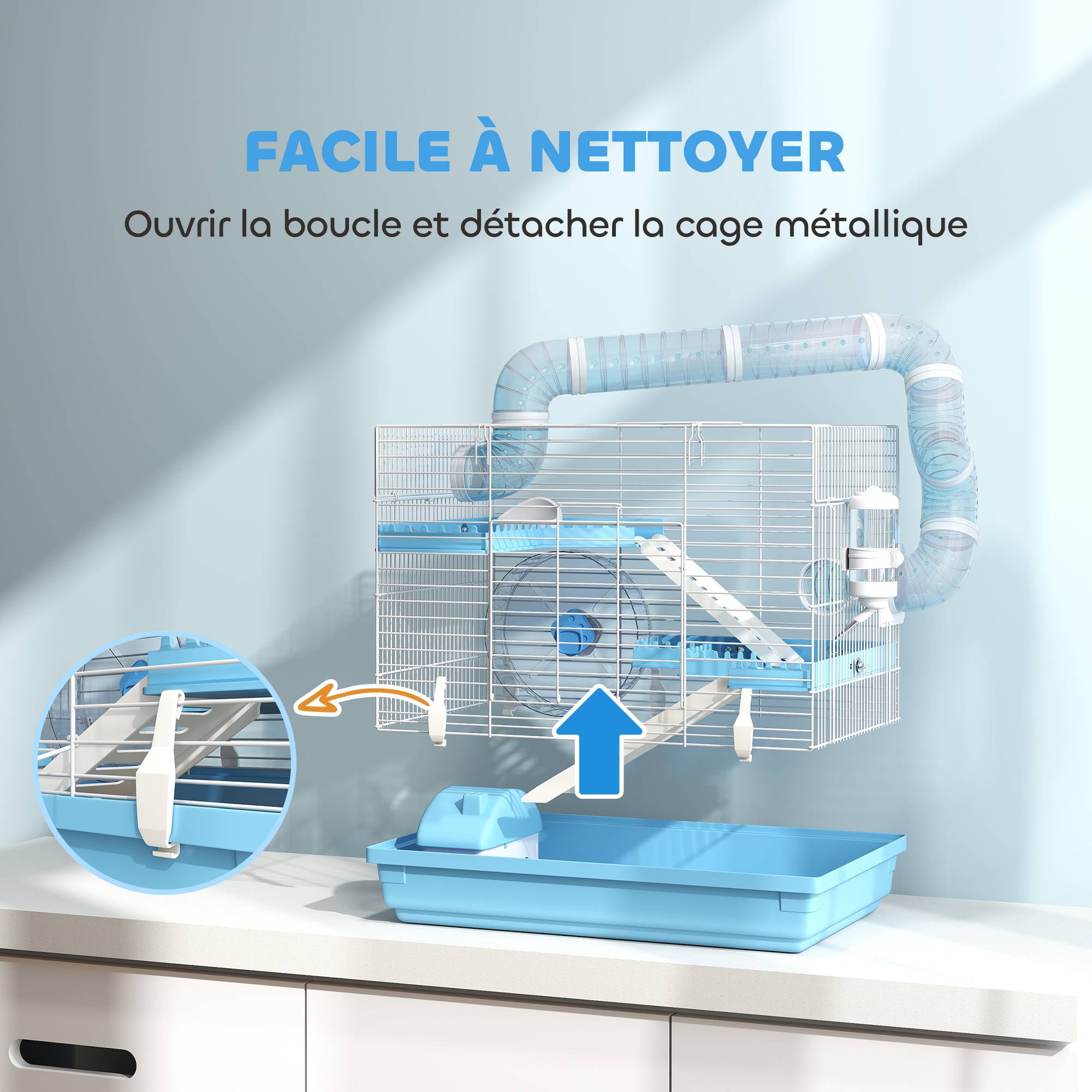 Cage hamster acier pour rongeurs nains portable 3 niveaux 47x31x29cm bleu - ComfortXL Outdoor Living - Image 10