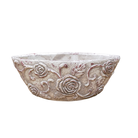 ~ Jardinière barque "Roses et Arabesques" en béton gris 30 x 12.5 x 12 cm Chemin de campagne