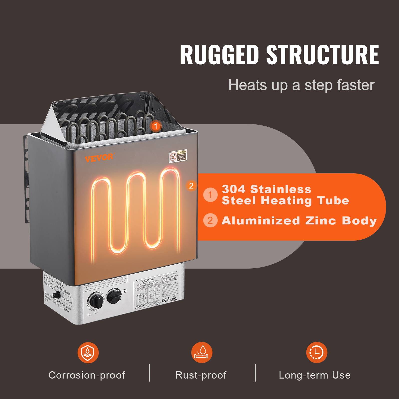 VEVOR Poêle de sauna électrique portable 8kW 400V 3N. Minuterie 3h, 110℃ max. Pour sauna 8-12m³, usage commercial, hôtel. - Image 3