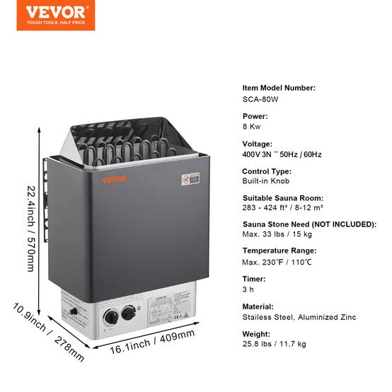 VEVOR Poêle de sauna électrique portable 8kW 400V 3N. Minuterie 3h, 110℃ max. Pour sauna 8-12m³, usage commercial, hôtel. - Image 7