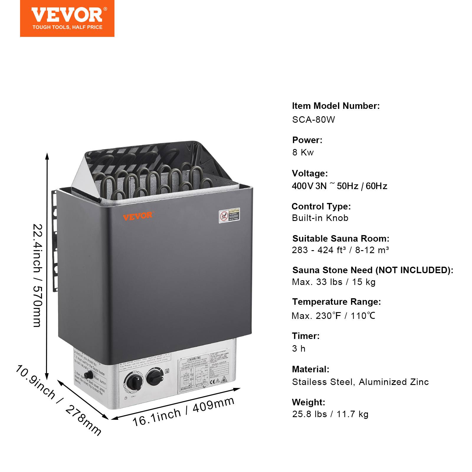 VEVOR Poêle de sauna électrique portable 8kW 400V 3N. Minuterie 3h, 110℃ max. Pour sauna 8-12m³, usage commercial, hôtel. - Image 7
