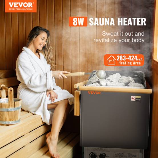 VEVOR Poêle de sauna électrique portable 8kW 400V 3N. Minuterie 3h, 110℃ max. Pour sauna 8-12m³, usage commercial, hôtel. - Image 2