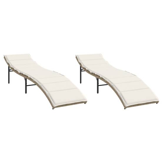 2 pcs Chaises longue | Transat | Bain de soleils avec coussins beige résine tressée - Image 1