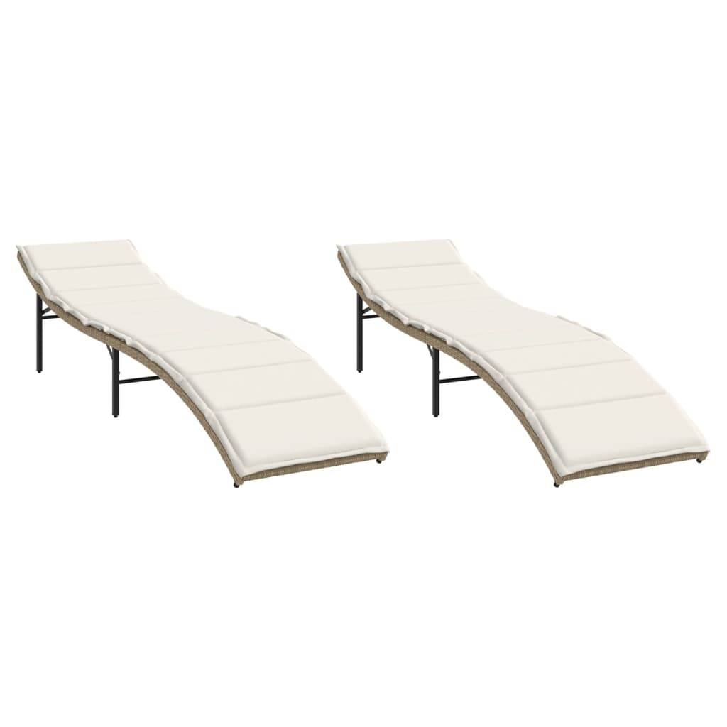 2 pcs Chaises longue | Transat | Bain de soleils avec coussins beige résine tressée - Image 1