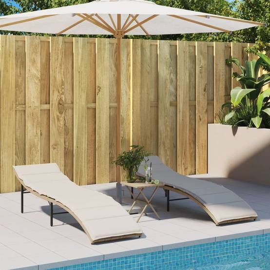 2 pcs Chaises longue | Transat | Bain de soleils avec coussins beige résine tressée - Image 2
