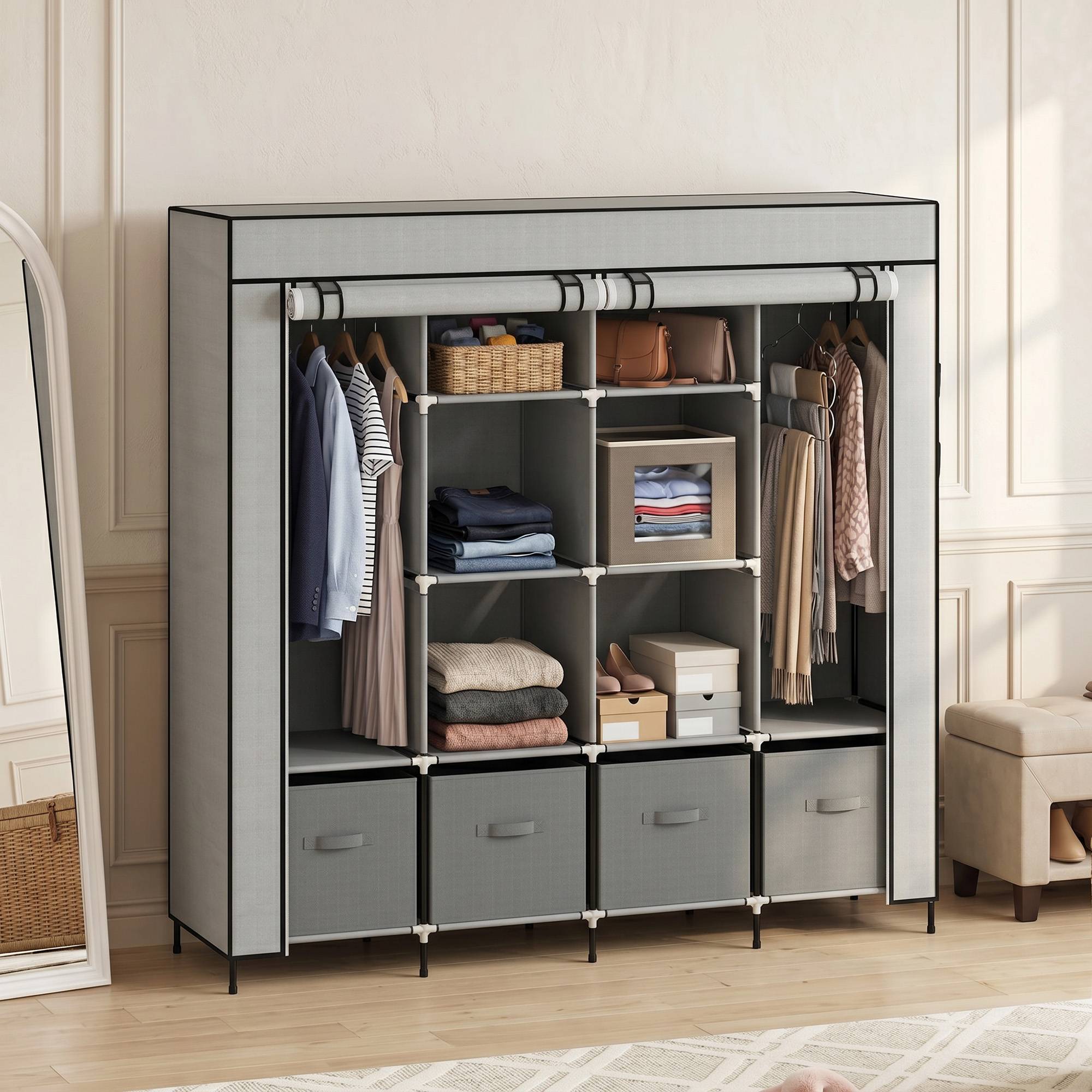 Sans Marque - Armoire en tissu, portes, 2 tringles, 10 compartiments, grise - Image 3