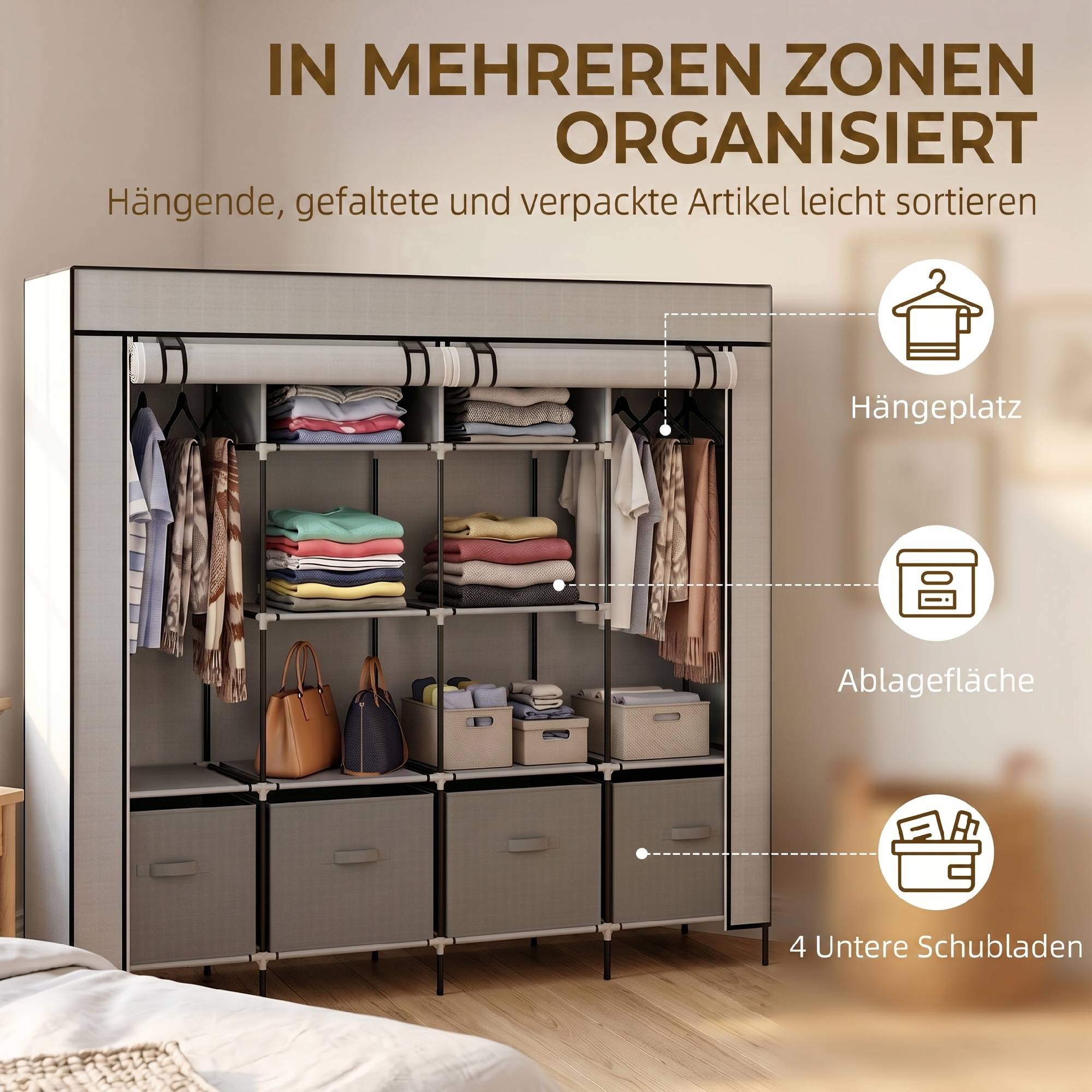Sans Marque - Armoire en tissu, portes, 2 tringles, 10 compartiments, grise - Image 5