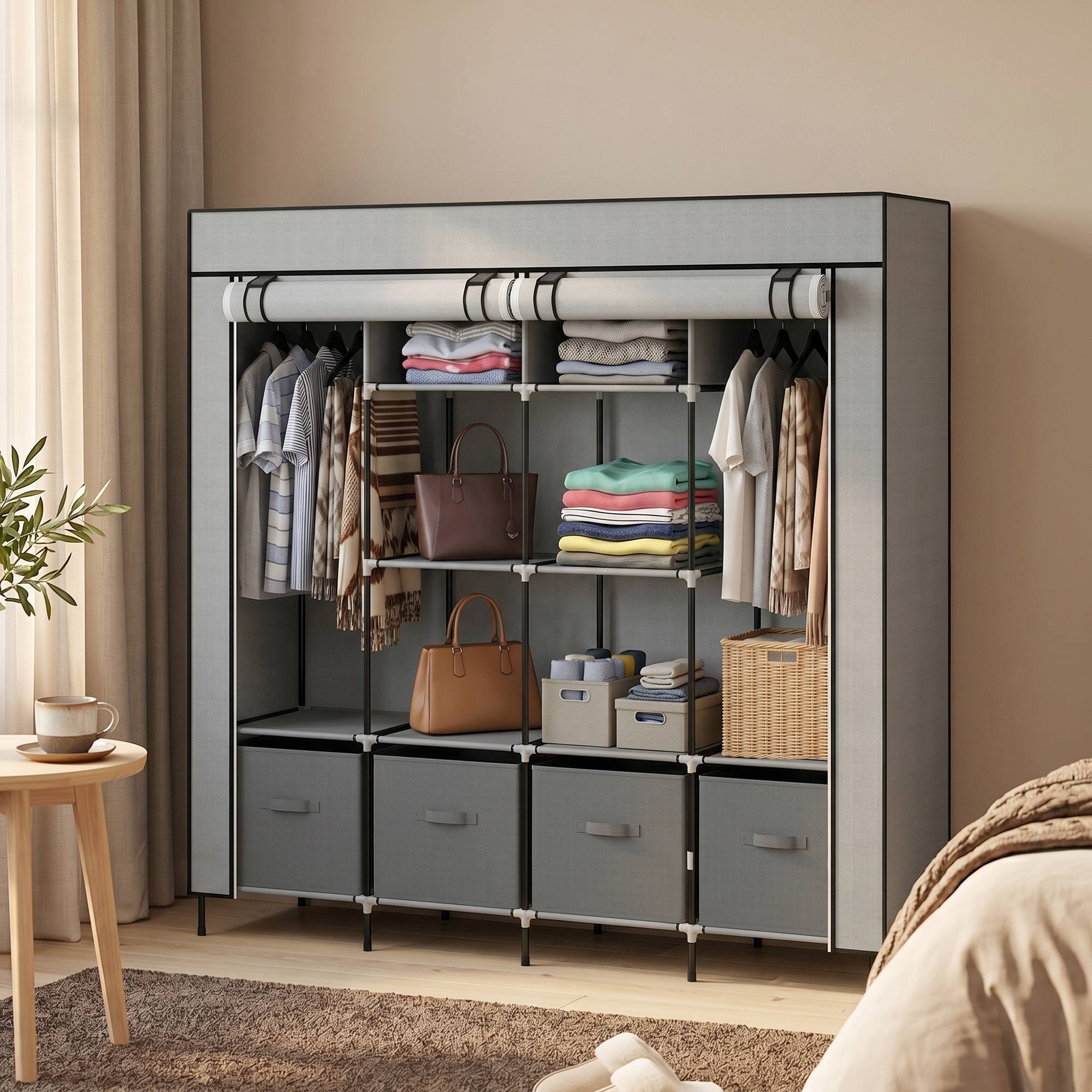Sans Marque - Armoire en tissu, portes, 2 tringles, 10 compartiments, grise - Image 2