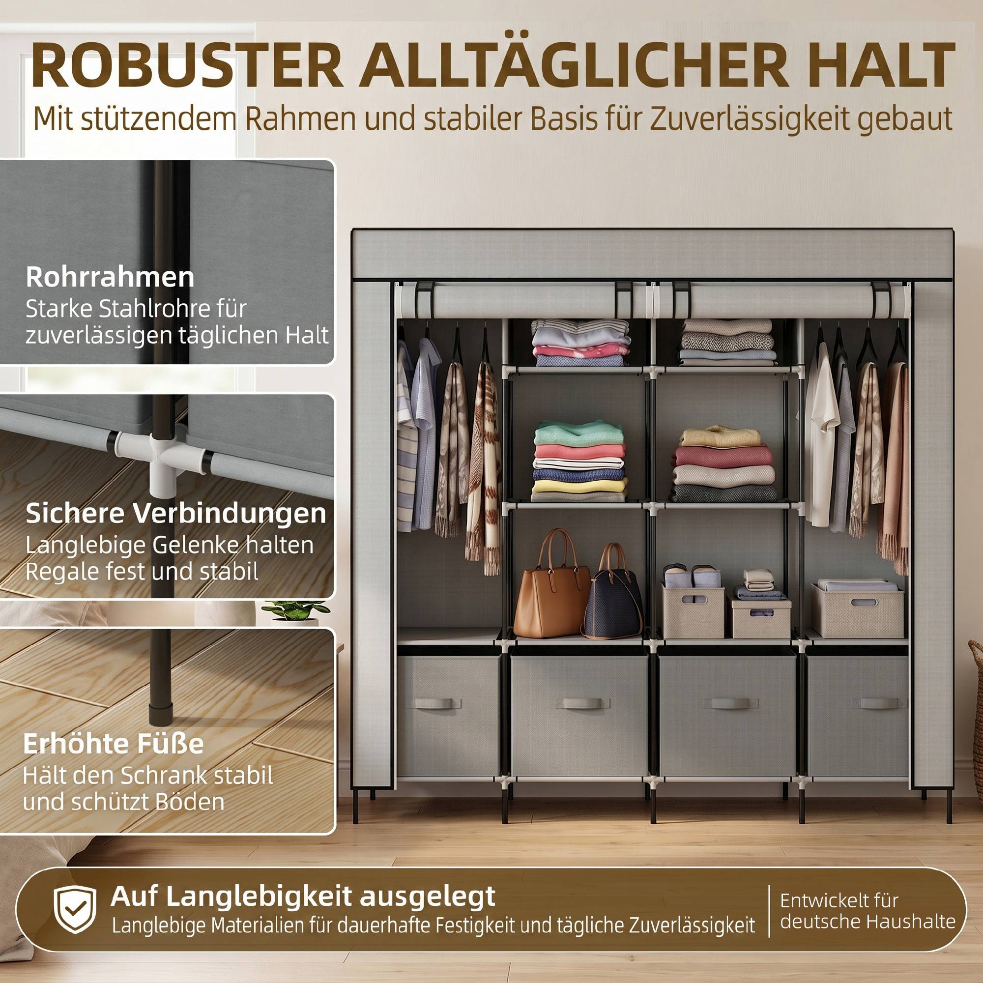 Sans Marque - Armoire en tissu, portes, 2 tringles, 10 compartiments, grise - Image 6