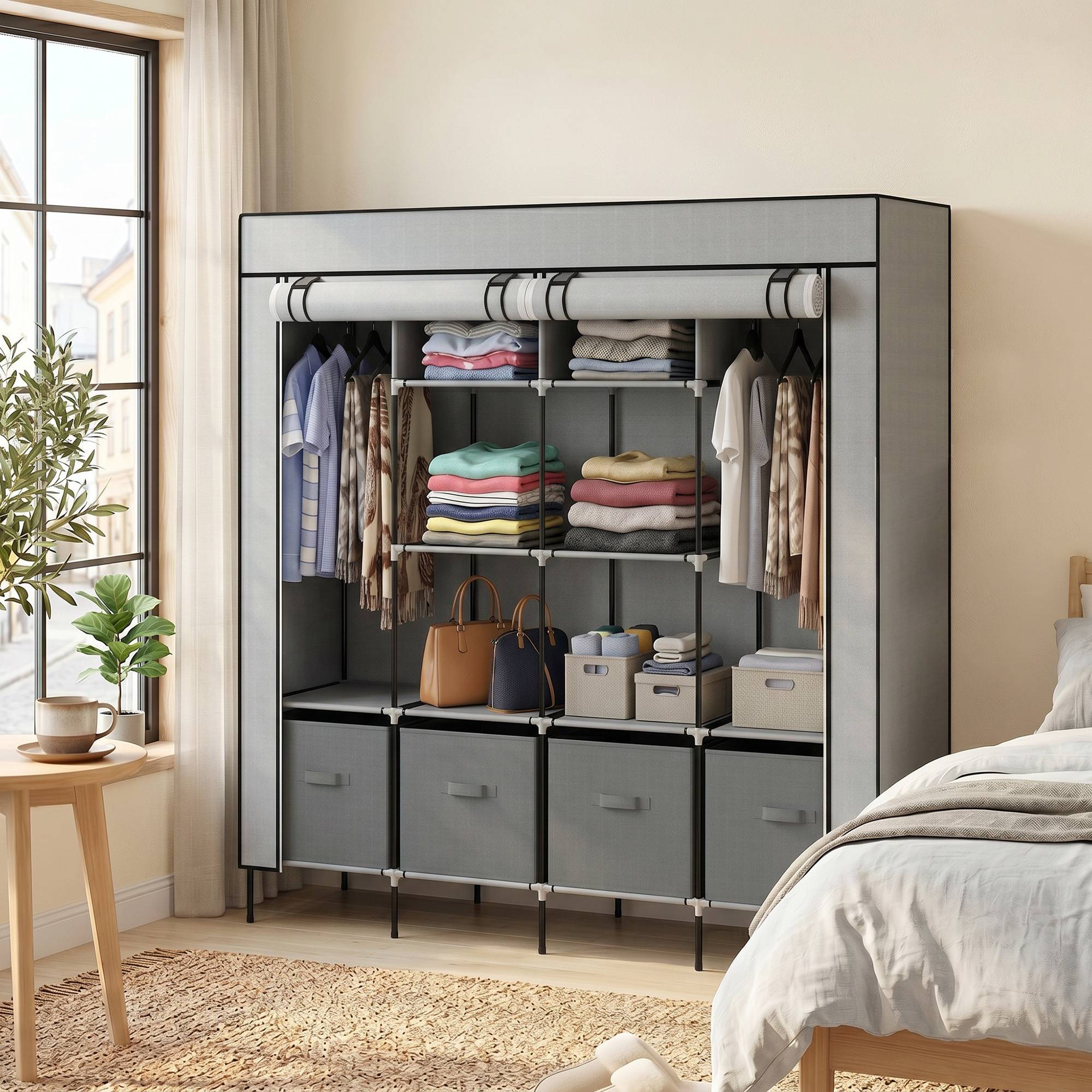 Sans Marque - Armoire en tissu, portes, 2 tringles, 10 compartiments, grise - Image 8