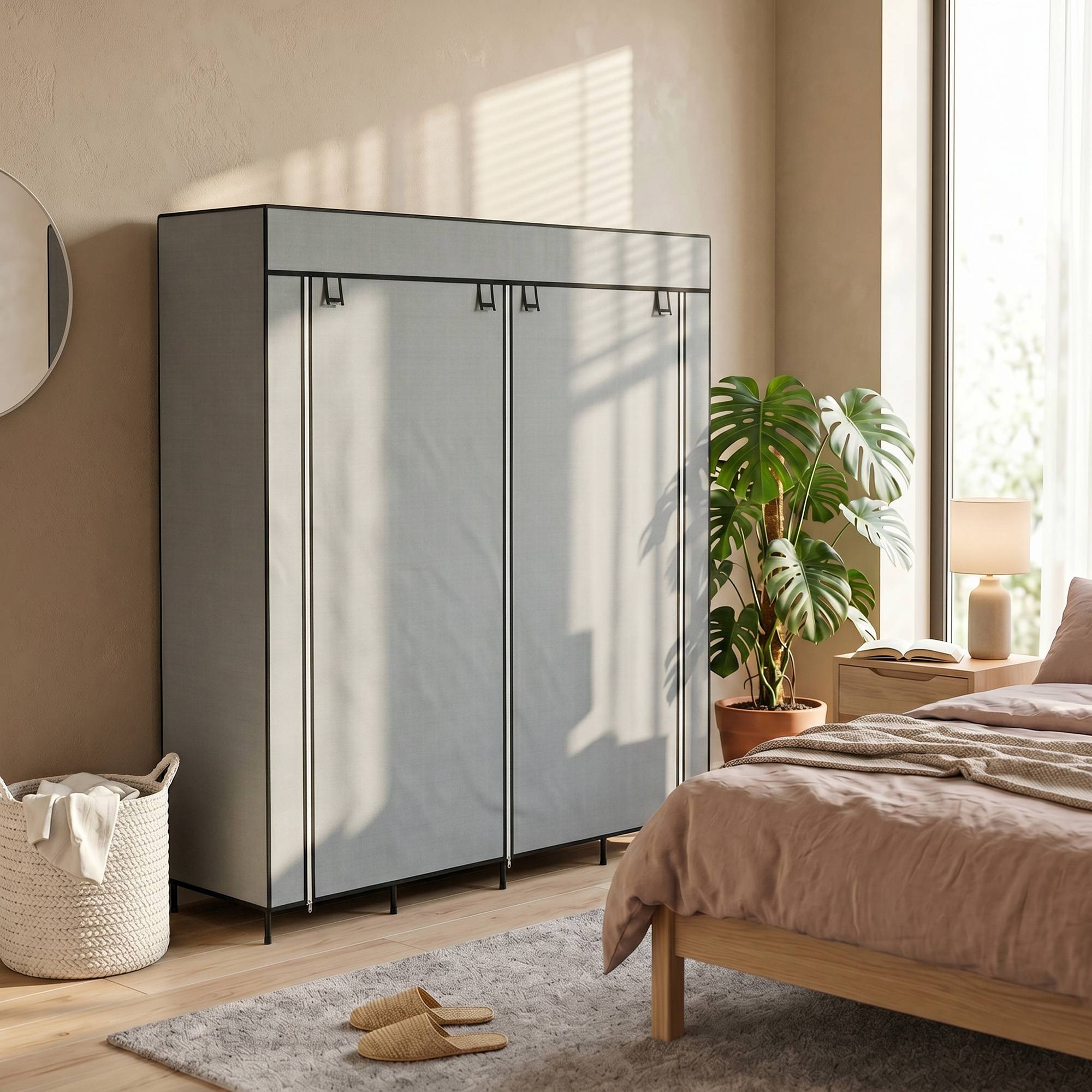 Sans Marque - Armoire en tissu, portes, 2 tringles, 10 compartiments, grise - Image 9