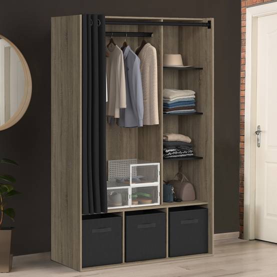 Dressing penderie DIANE 105 x 45 x 167 cm hêtre avec étagères + boites de rangement + rideau noir - Image 1
