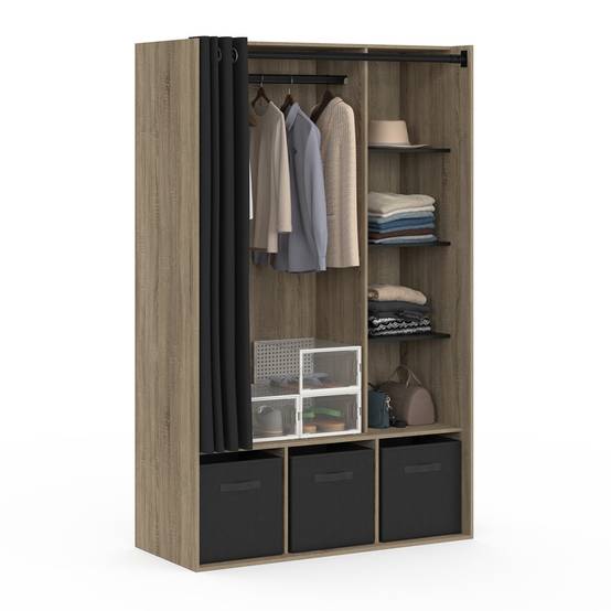 Dressing penderie DIANE 105 x 45 x 167 cm hêtre avec étagères + boites de rangement + rideau noir - Image 2