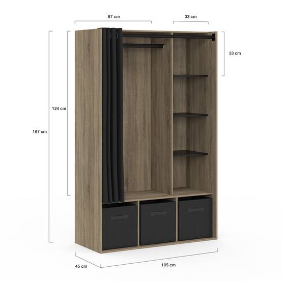 Dressing penderie DIANE 105 x 45 x 167 cm hêtre avec étagères + boites de rangement + rideau noir - Image 4