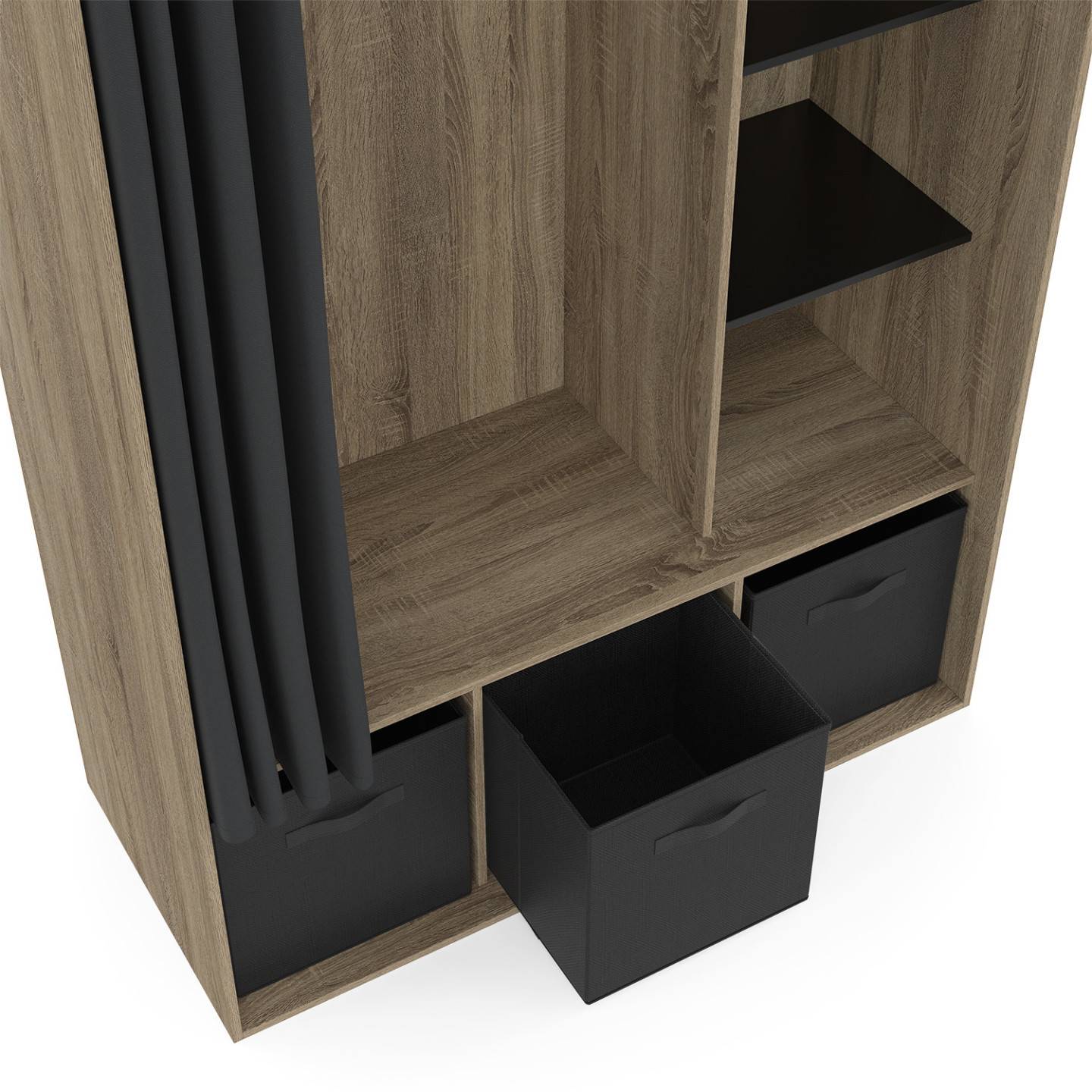 Dressing penderie DIANE 105 x 45 x 167 cm hêtre avec étagères + boites de rangement + rideau noir - Image 5