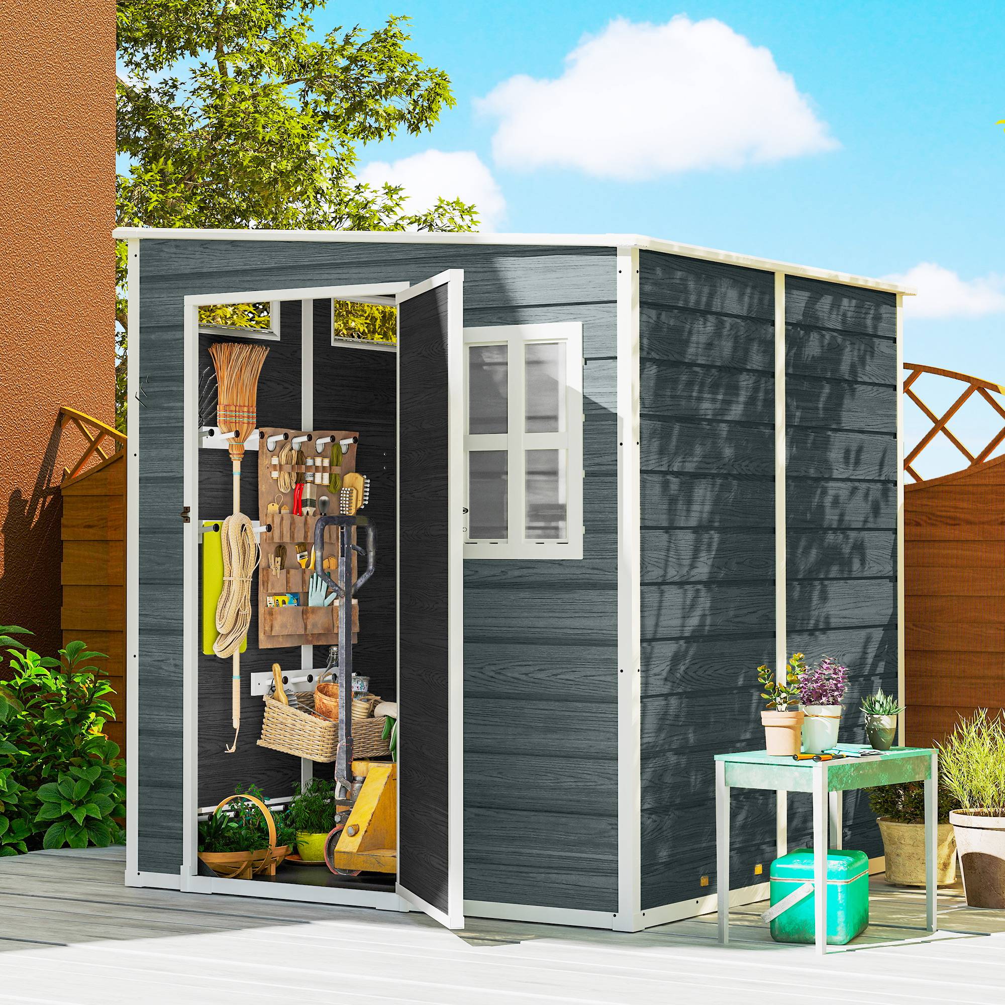Abri de jardin aluminium avec plancher 3 fenêtres 2 aérations 182x182x183 cm aspect bois gris, cabane - Image 3
