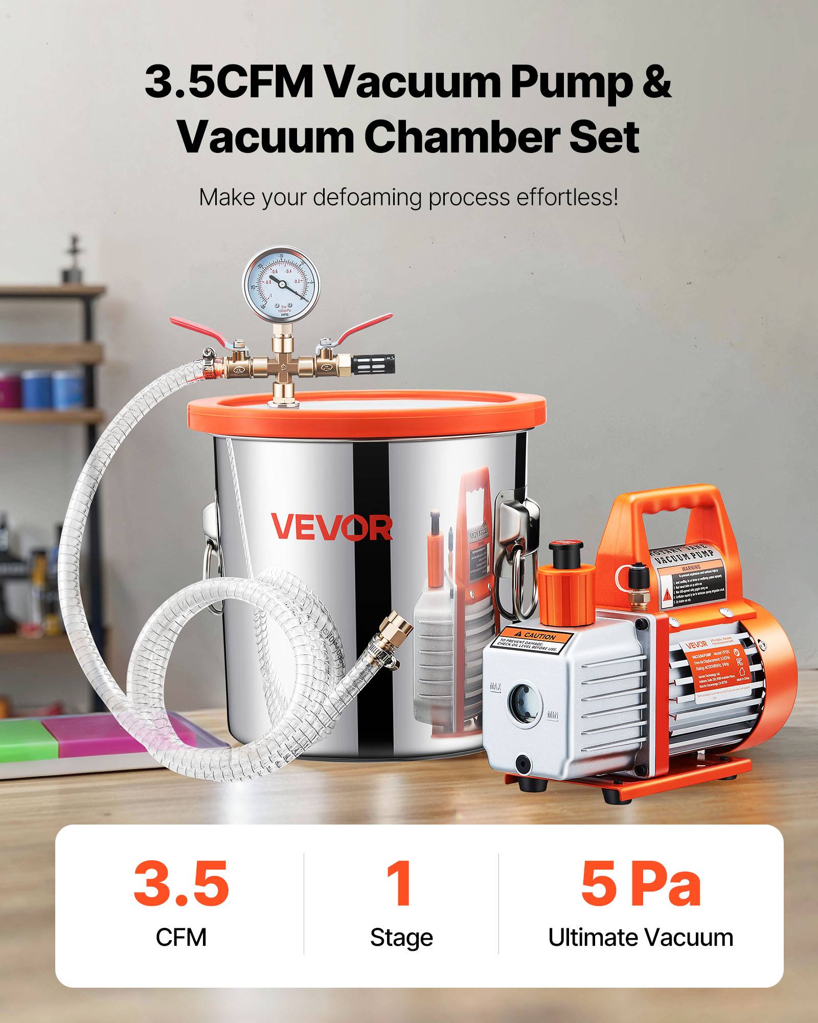 VEVOR Pompe à vide 110 L/min avec chambre à vide dégazage 11,36L, couvercle verre trempé. - Image 2
