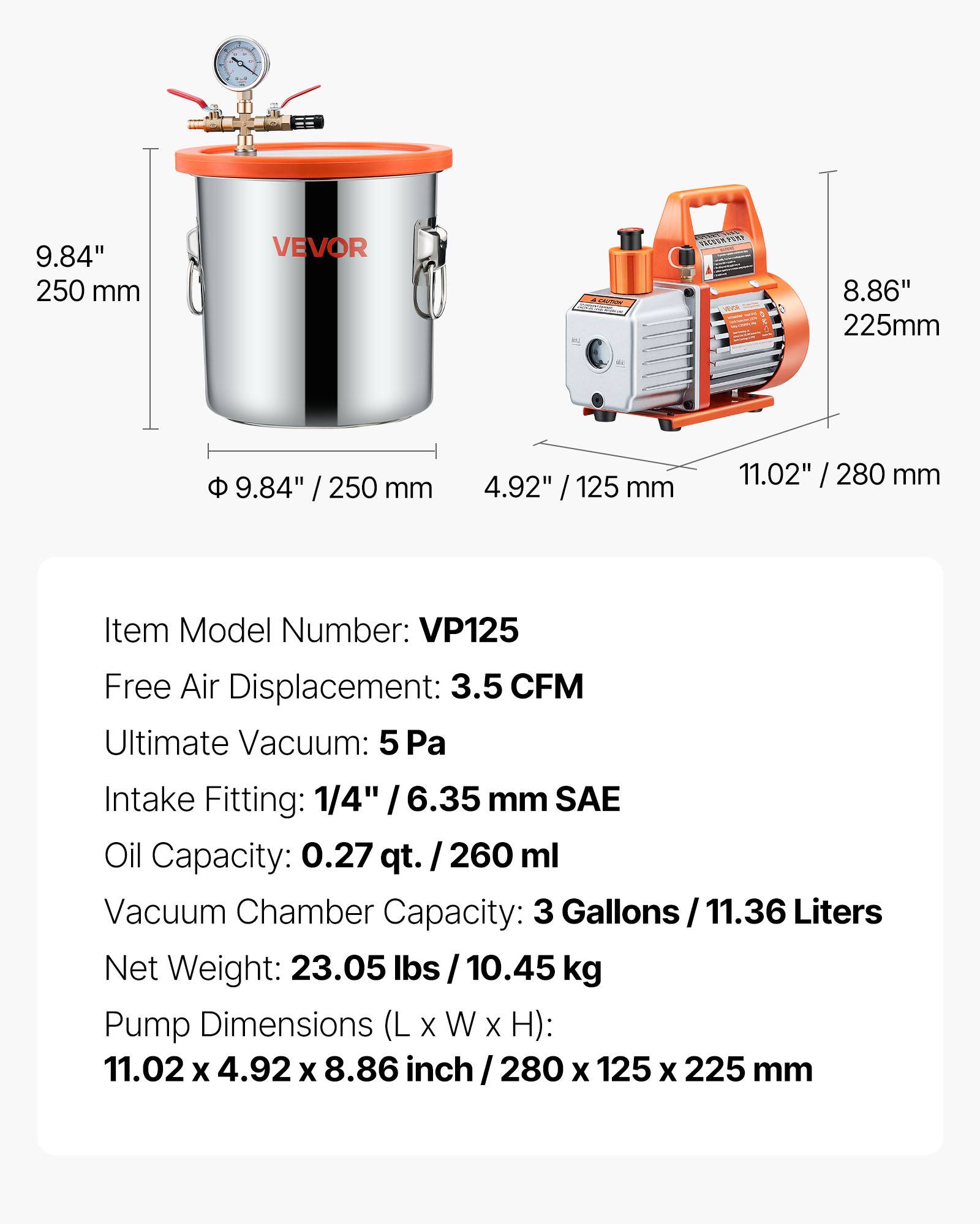 VEVOR Pompe à vide 110 L/min avec chambre à vide dégazage 11,36L, couvercle verre trempé. - Image 7