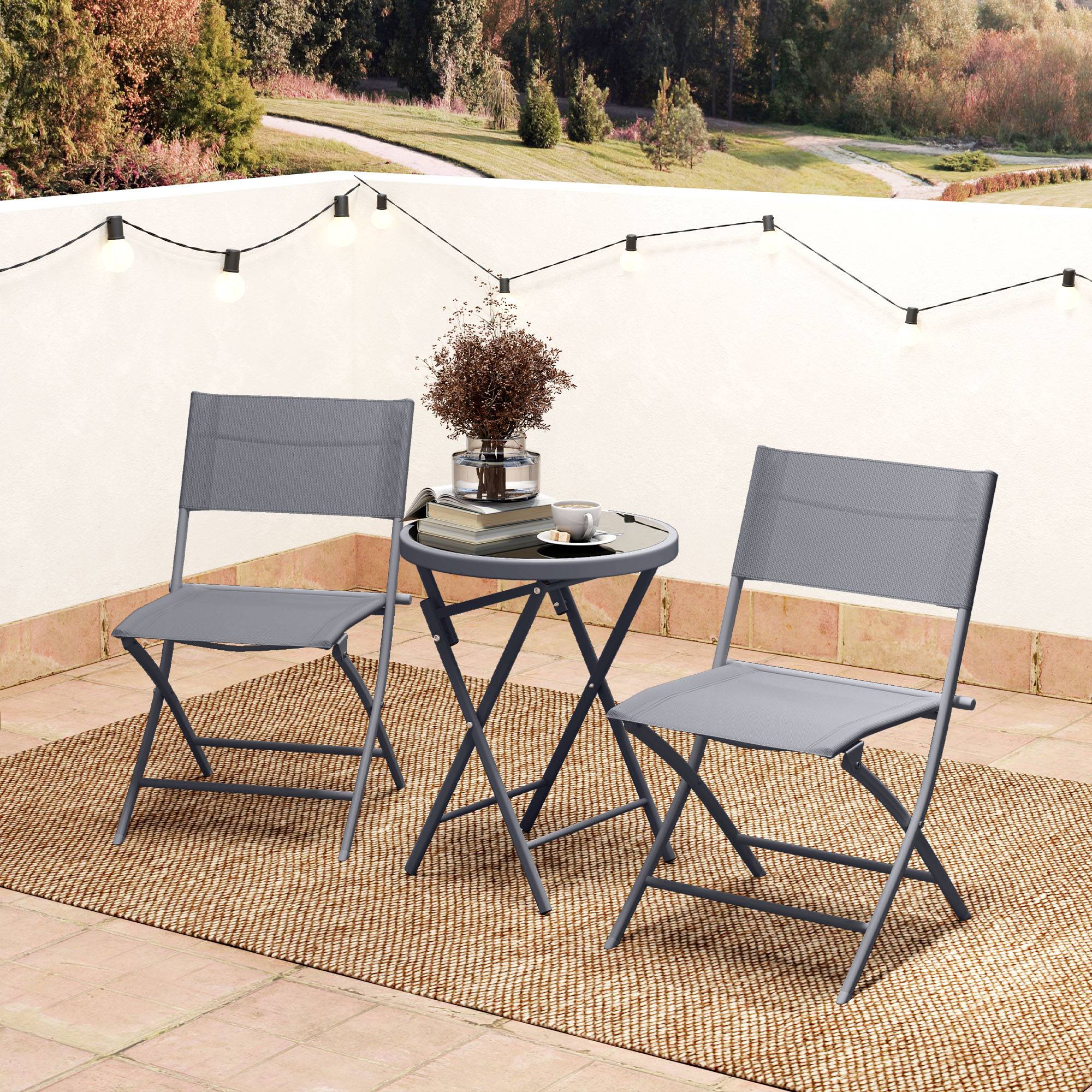Outsunny - Ensemble de bistrot 3 pièces - pliable - 2 chaises et 1 table ronde - pour jardin, terrasse, balcon - en métal - gris - Outsunny - Image 2
