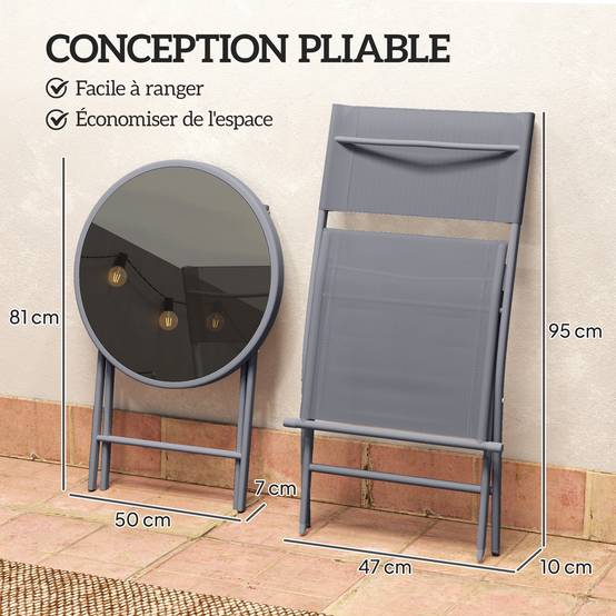 Outsunny - Ensemble de bistrot 3 pièces - pliable - 2 chaises et 1 table ronde - pour jardin, terrasse, balcon - en métal - gris - Outsunny - Image 4