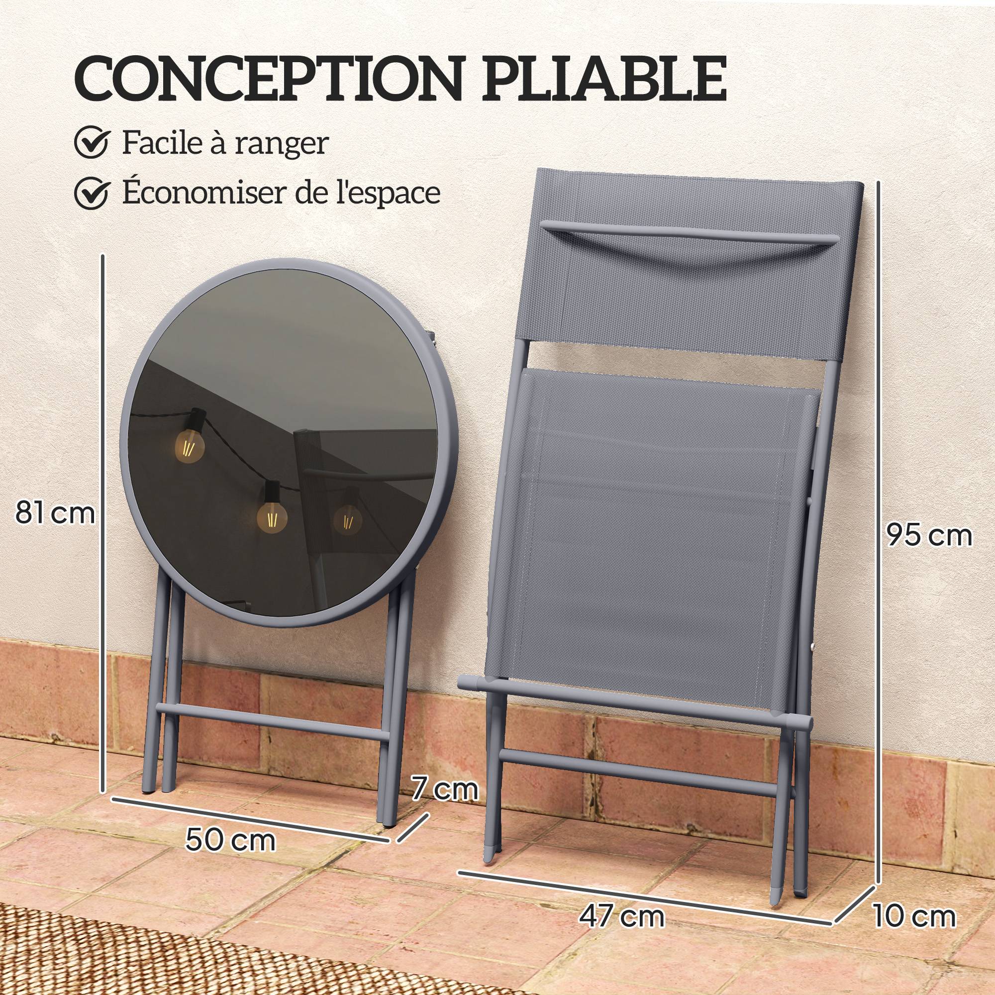 Outsunny - Ensemble de bistrot 3 pièces - pliable - 2 chaises et 1 table ronde - pour jardin, terrasse, balcon - en métal - gris - Outsunny - Image 4