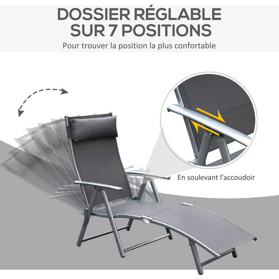 transat Chaise Longue Bain de Soleil Pliable Dossier inclinable - 137x63.5x100.5cm Métal Gris fr578 - Image 6