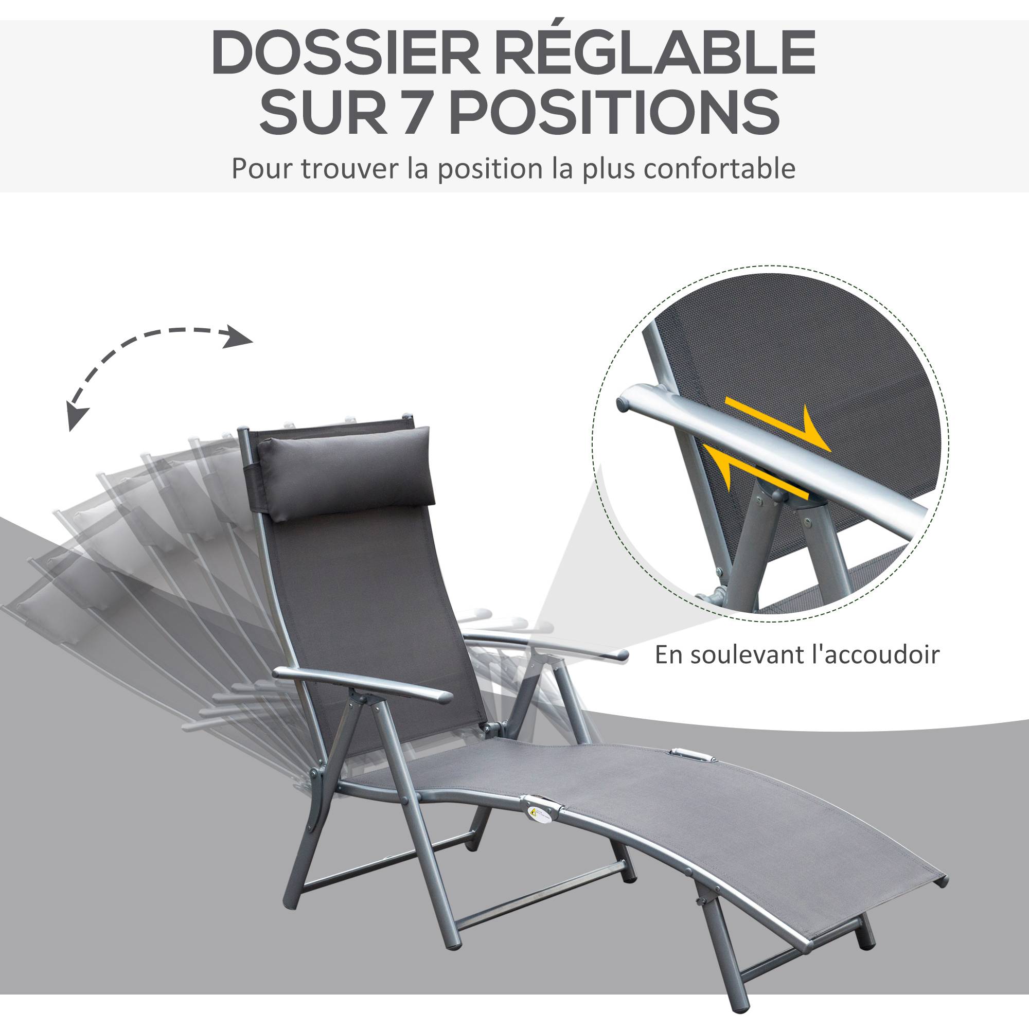 transat Chaise Longue Bain de Soleil Pliable Dossier inclinable - 137x63.5x100.5cm Métal Gris fr578 - Image 6
