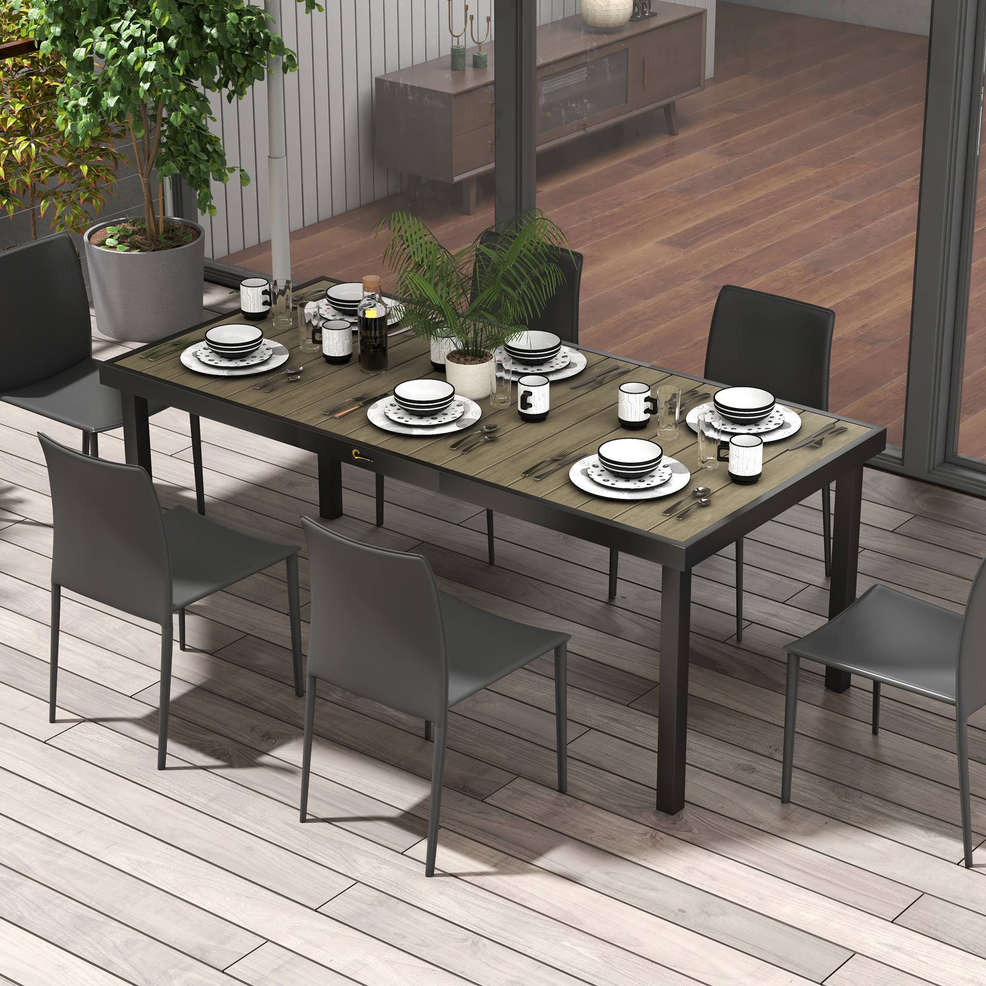 Table de jardin rectangulaire pour 8 personnes en aluminium table de salle à manger extétieur plateau PE à lattes - Image 4