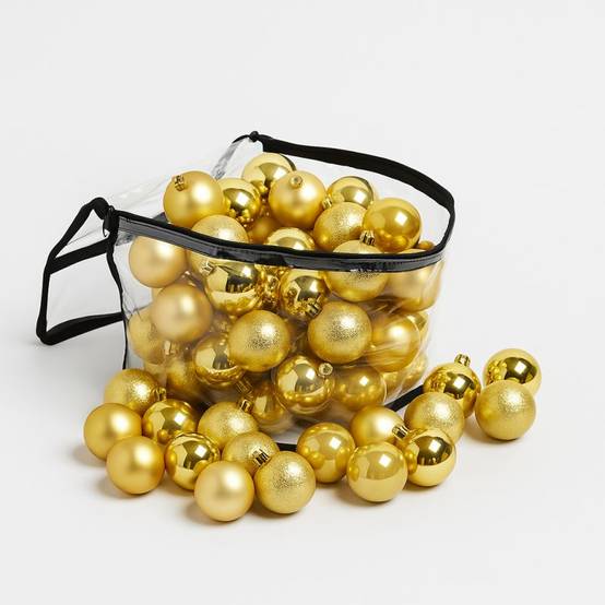 Lot de 60 boules de Noël 6cm Dorées (15 brillantes,15 mates,15 texturées,15 opalines) avec sac de rangement - Image 1