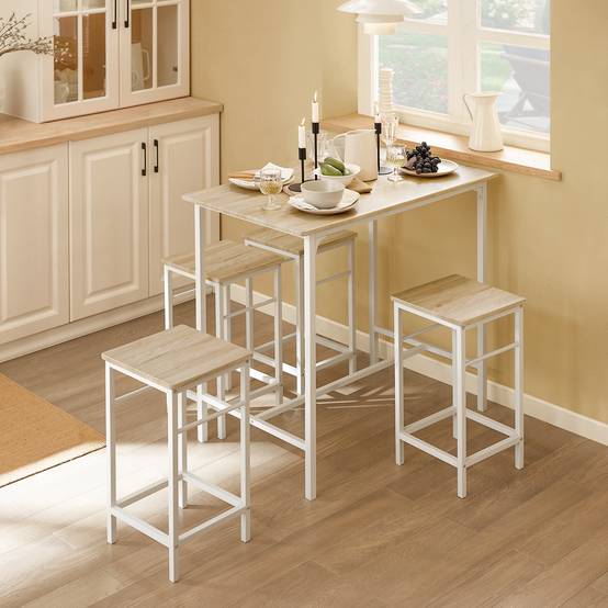 SoBuy Table Bar avec 4 Tabourets et Repose-Pieds, Table Haute pour Cuisine Salon Balcon, Blanc et Naturel - Image 2