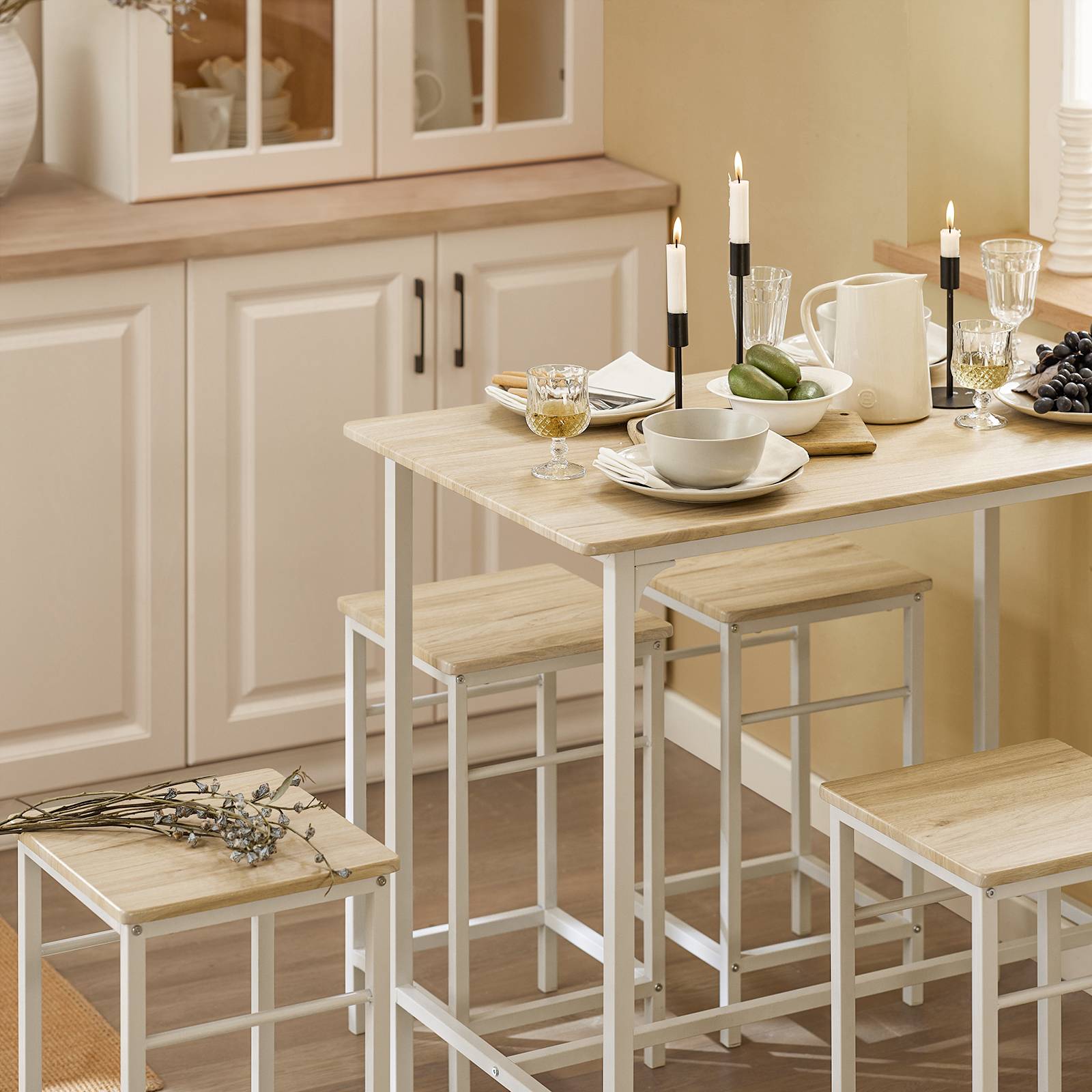 SoBuy Table Bar avec 4 Tabourets et Repose-Pieds, Table Haute pour Cuisine Salon Balcon, Blanc et Naturel - Image 8