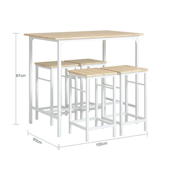 SoBuy Table Bar avec 4 Tabourets et Repose-Pieds, Table Haute pour Cuisine Salon Balcon, Blanc et Naturel - Image 3
