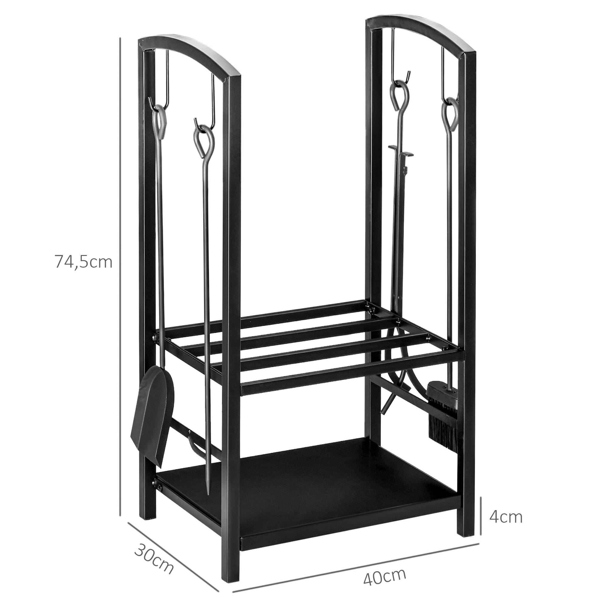 Range-bûches pour cheminée 40 x 30 x 74,5 cm, 2 niveaux, en métal, pour intérieur et, avec 4 accessoires de cheminée. Charge maximale : 100 kg. Noir. - Image 4